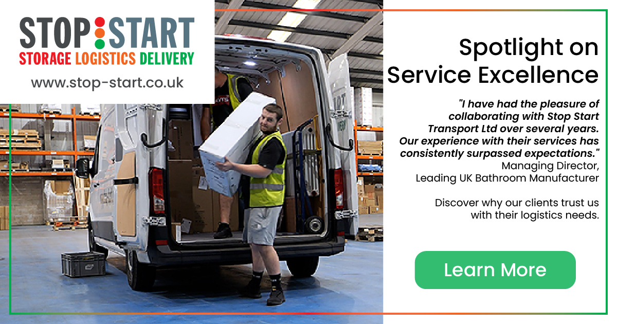 man carrying a large package off a van in a warehouse. Text: Spotlight on service excellence