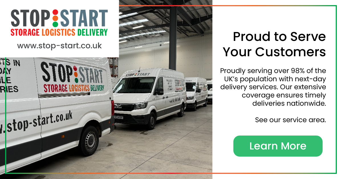 Photo with branded Stop Start vans in the warehouse