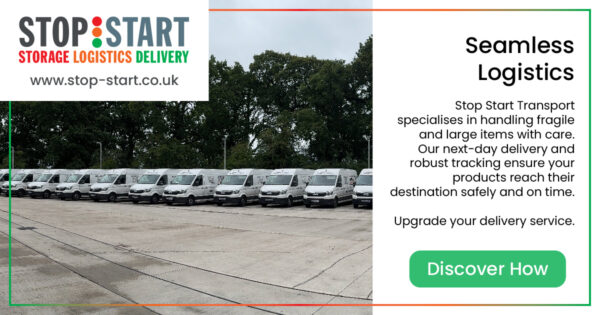 big fleet of vans with stop start van graphics on each