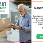 image: happy old man signing for a big package. text: superior delivery experience