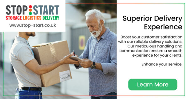 image: happy old man signing for a big package. text: superior delivery experience