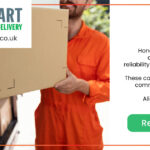 man in orange overalls handing a cardboard package to another man, text: our core values