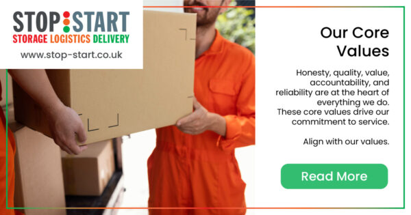 man in orange overalls handing a cardboard package to another man, text: our core values