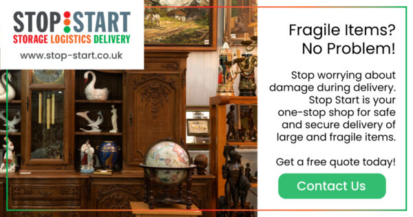 image of a room full of antiques with a message on the right saying "fragile items? no problem!"