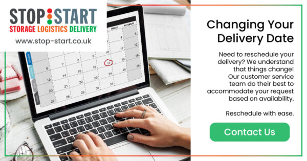 changing your delivery date: image of close up hands working on a laptop with a calendar on the screen highlighting the ease of changing your scheduled delivery date with stop start