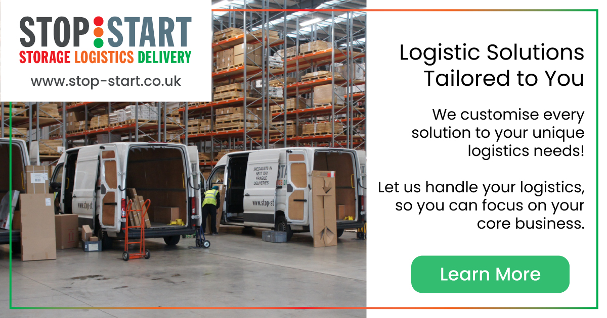 logistic solutions tailored to you , image from inside the stop start warehouse showing delivery vans and bulky difficult to transport boxes