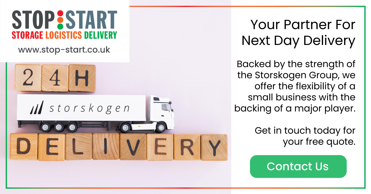 next day delivery uk, image of a storskogen branded truck with building blocks spelling out 24h delivery.