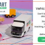 real time vehicle tracking with stop start, image of a big toy van with a stop start logo on the back standing on a map with a big pile of cardboard boxes standing just behind it