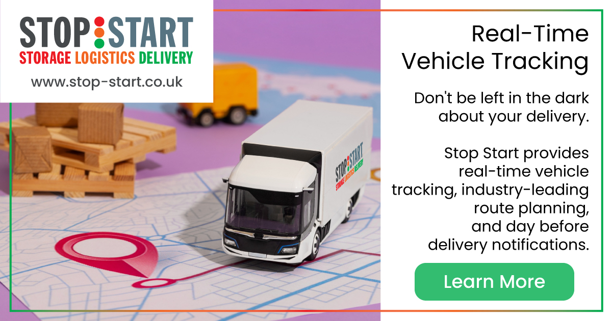 real time vehicle tracking with stop start, image of a big toy van with a stop start logo on the back standing on a map with a big pile of cardboard boxes standing just behind it