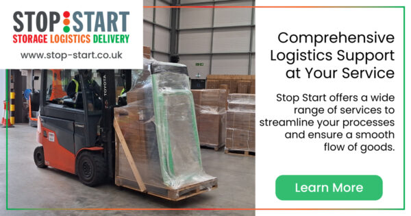 image of a stop start worker using a forklift inside their logistics warehouse