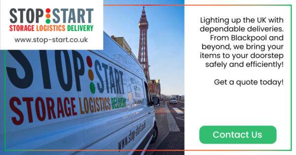 stop start van in blackpool, text reads: Lighting up the UK with dependable deliveries