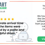 stop start 5 star customer review, image of text and in the background a smiling stick figure sitting on the floor with a laptop