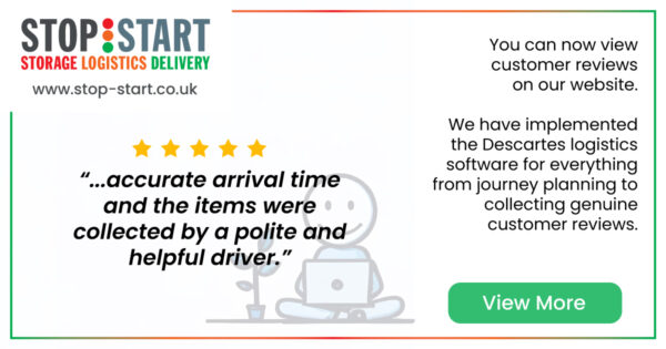 stop start 5 star customer review, image of text and in the background a smiling stick figure sitting on the floor with a laptop