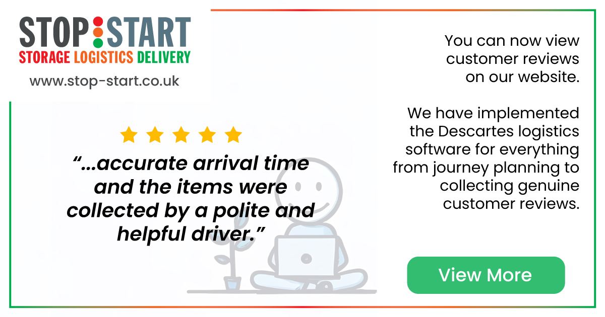 stop start 5 star customer review, image of text and in the background a smiling stick figure sitting on the floor with a laptop