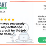 you can now view customer reviews on our website. image of a cute little stick man in the background sitting on the floor cross legged with his laptop, with a 5 star customer review in the foreground