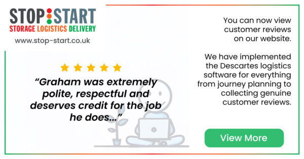 you can now view customer reviews on our website. image of a cute little stick man in the background sitting on the floor cross legged with his laptop, with a 5 star customer review in the foreground