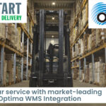 improving our service with market-leading technology: optima WMS integration. image of a forklift in a warehouse with text over it and the stop start logo and optima logo in the corners